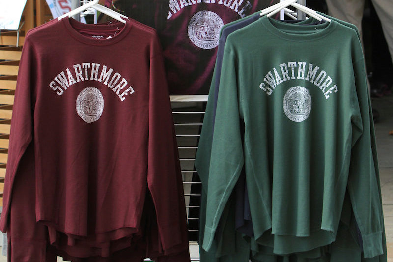 Swarthmore branded sweatshirts on display